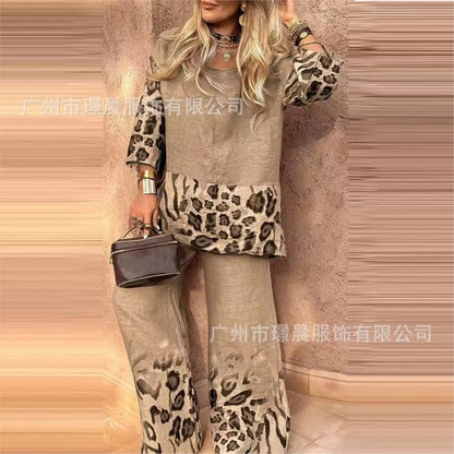 New Summer Leopard Print Two Piece Set Women Fashion Casual Loose
