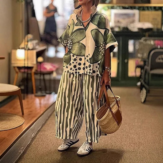 2 Piece Sets Women Summer Print Loungewear Long Pants Sets Vintage