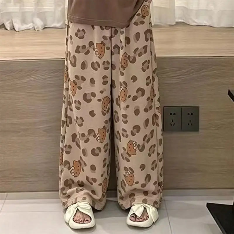 Cartoon Hello Kitty Spring Summer Leopard Print Wide Leg Pajama Pants