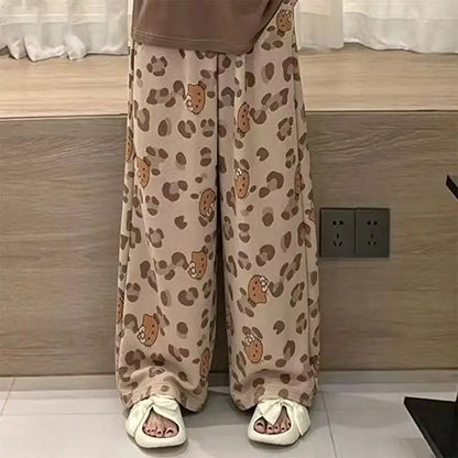Cartoon Hello Kitty Spring Summer Leopard Print Wide Leg Pajama Pants