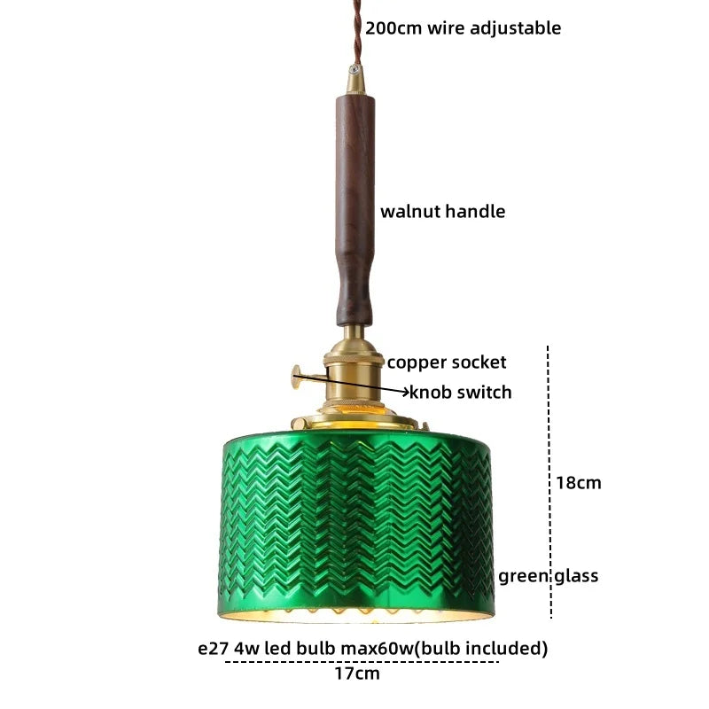 DecorBites™ Green Glass LED Pendent Lamps, Walnut Copper Modern Hanging Light Fixtures