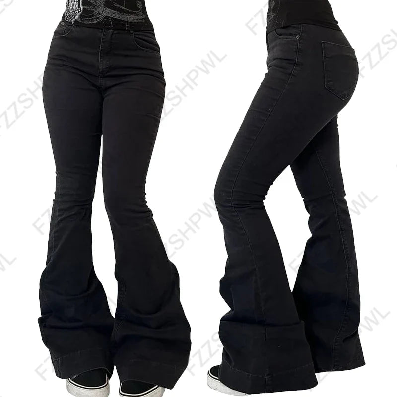 Women's Concise High Waist Flared Jeans Stretchy Slim Fit Casual Chic