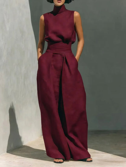 Casual Solid Cotton Linen Two-Piece Set for Women Sleeveless