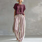 Vintage Women Two Piece Set O Neck Loose Short Sleeve Women T-Shirts Striped Printed Pants Suit Women Summer Casual Outfits