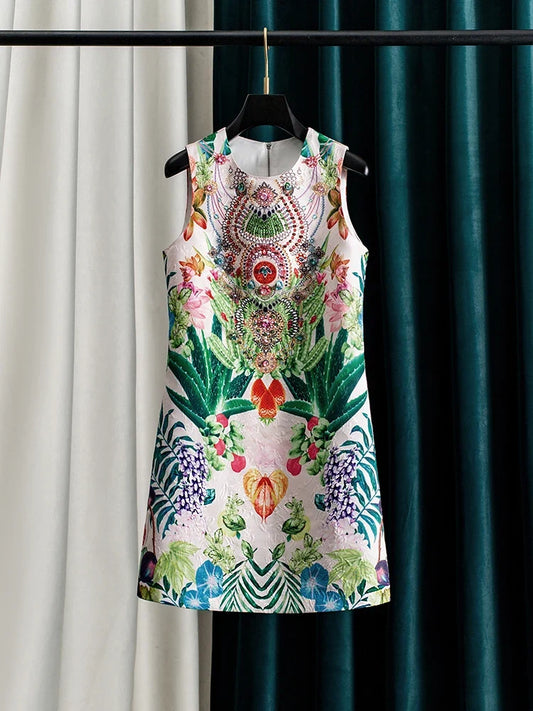 Women Green Printed Beaded Sleeveless a Line Dress Round Neck Summer Midi Dress Elegant Casual Party Dress