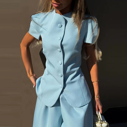 Casual Women's Waist Cinched Blazer Pants Set O-Neck Puff Sleeve
