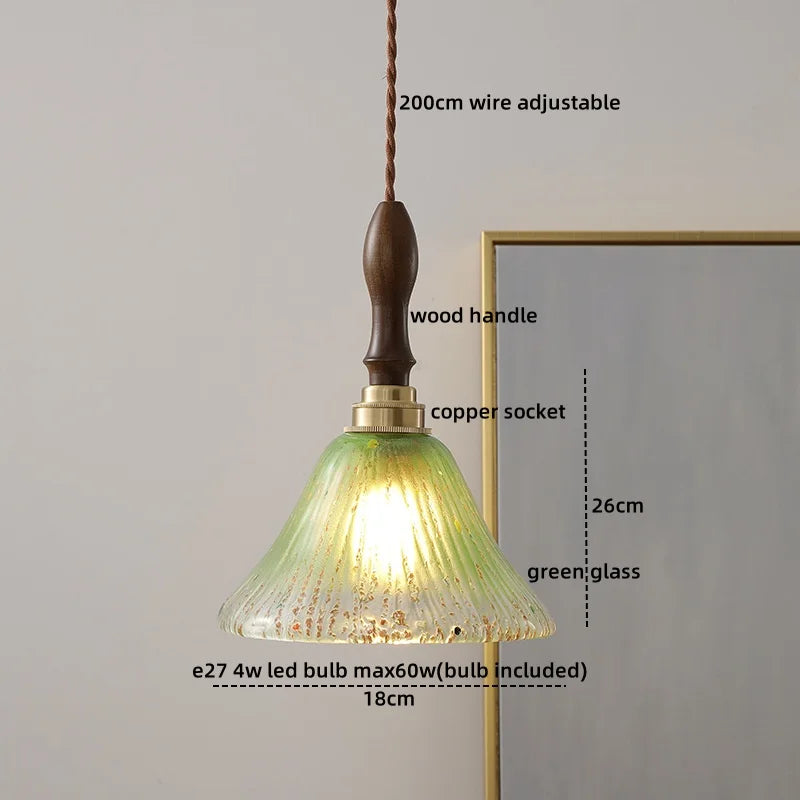 DecorBites™ Green Glass LED Pendant Lamp with Knob Switch, Copper Chandelier