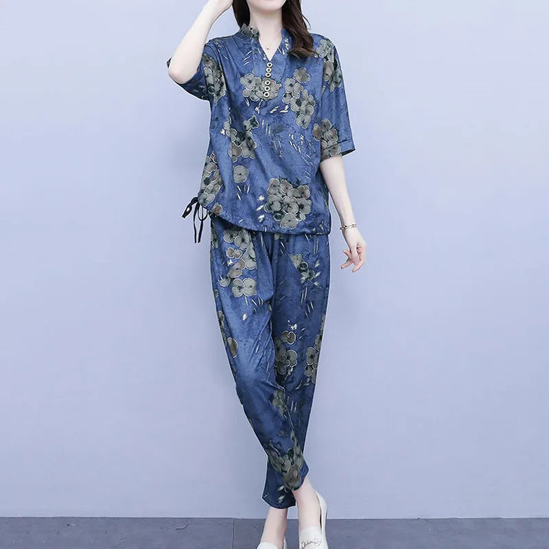 New Korean Sets Women Summer Loose Short Sleeves Printing Tops