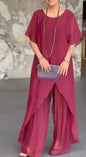 Women Summer Chiffon Pant Sets Short Sleeve Solid Irregular Splicing Long Blouse Wide-leg Pants Casual Loose Trousers Suits Robe