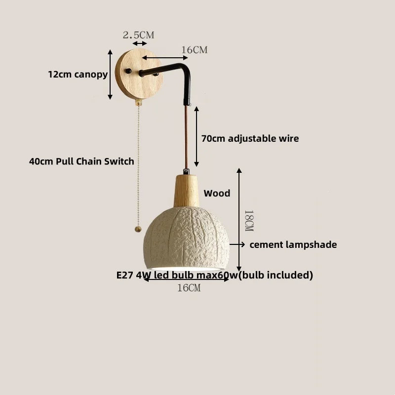 DecorBites™ Japanese Style LED Wall Light Cement Bedside Lamp with Pull Chain Switch