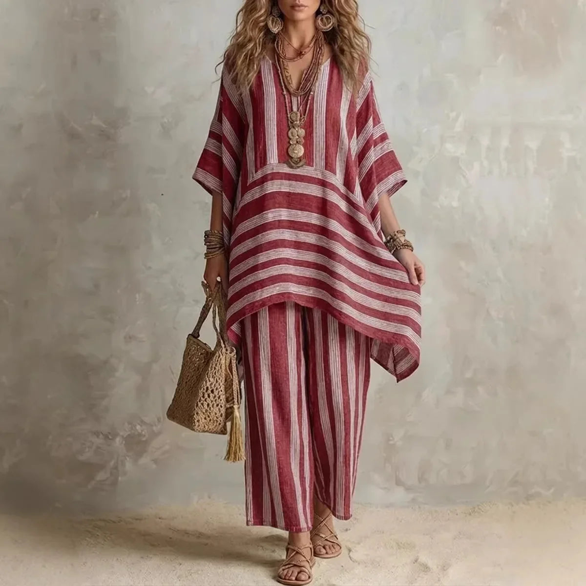 New Women's Two Piece Spring/summer Fashion V-Neck Loose Striped