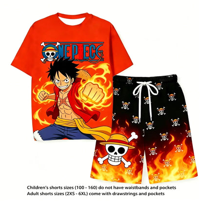 Anime One Piece Luffy Printed Short Sleeve T Shirt and Shorts Set