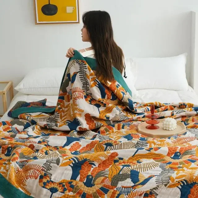 DecorBites™ Japanese Cotton Gauze Flower Blanket: Soft and Breathable Summer Throw