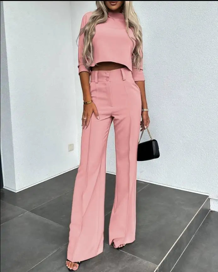 Casual Long Sleeve Shirt Pants Set Office Lady Spring Autumn Fashion