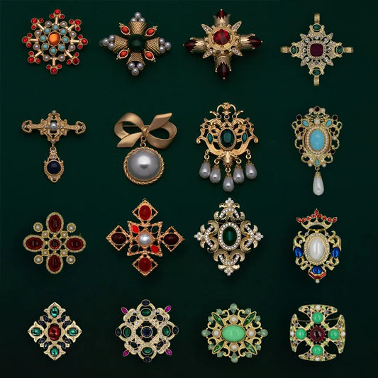 Baroque Vintage Gold Color Crystal Pearls Pin Brooches Gem Hollow