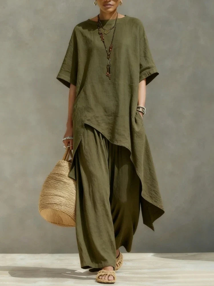 Women Cotton Linen Pant Sets 2 Pieces Casual Half Sleeve Solid Loose Irregular Blouse Elastic Waist Wide Leg Full Trousers Suits