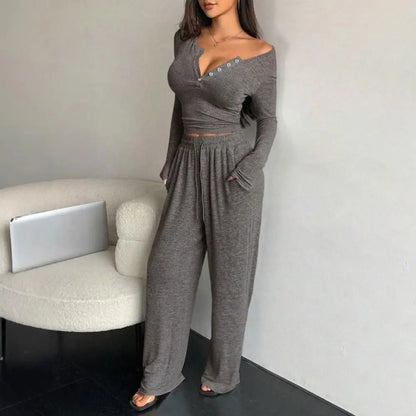 Button Up Crop Top & Wide Leg Pants Set, Women's Long Sleeve Matching