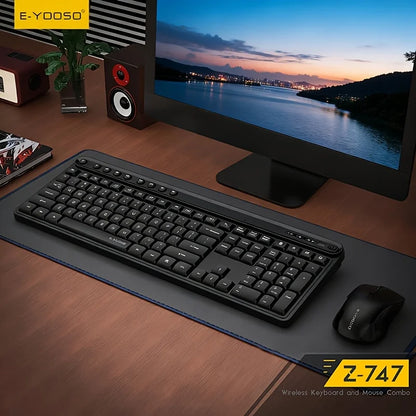 E-YOOSO Z-747 Wireless Keyboard Mouse Combo 2.4G Ergonomic Full Size Multimedia Keyboard Mice Set for Desktop Laptop Office