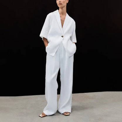 New Cotton Turn-Down Collar Half-Sleeve Top Wide-Leg Pants Two-Piece