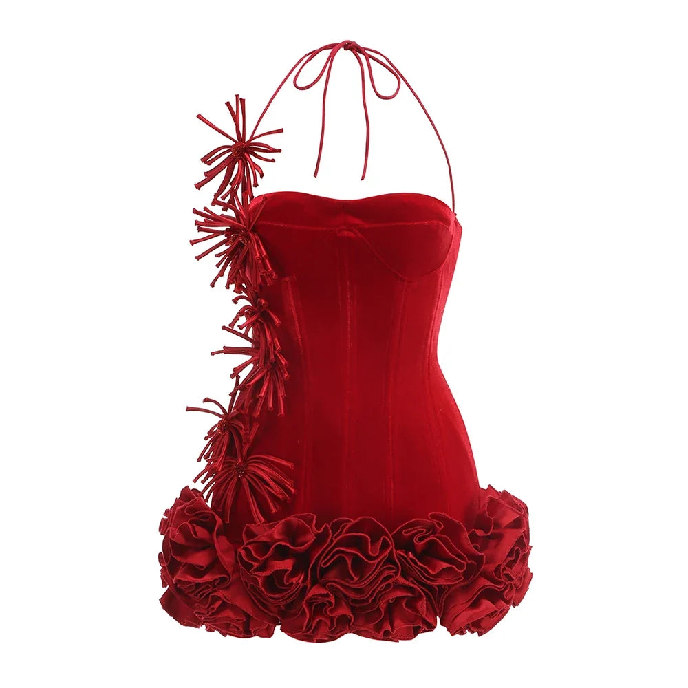 VC Chic Halter Sleeveless Style Corset Mini Dress with Unique Embellishments for a Special Night Out Evening Gown