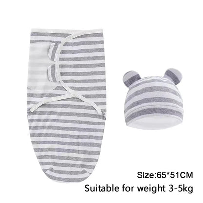 Baby Blanket Hat Set Cartoon Printed Cotton Newborn Swaddle Adjustable
