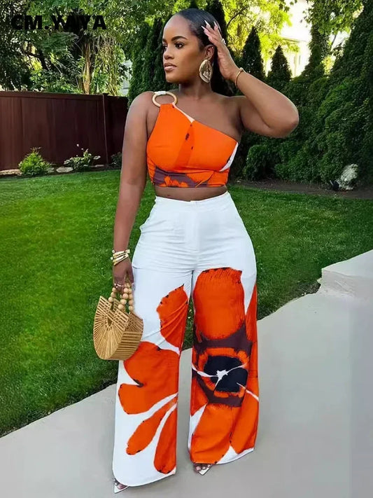 Women Set Floral Print Sleeveless Skew Collar Tops +Wide Leg Pants Two 2 Piece Set Outfit  Summer Street Tracksuit