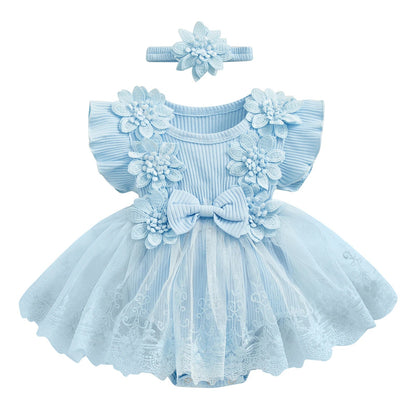 3D Flower Summer Baby Girls Romper Princess Mesh Newborn Clothes Lace