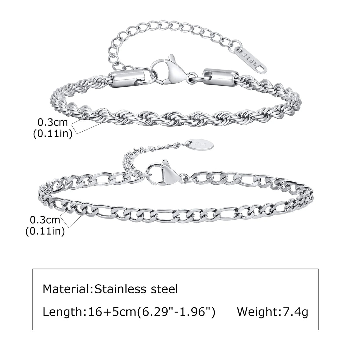 1/2/3pcs Chain Bracelet for, Stainless Steel Twisted Rope Cuban Chain