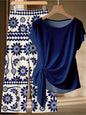 Summer Women's Plus Size Casual Loose Two-Piece Set Solid Color Twisted T-Shirt + Blue and White Printed Wide Leg Pants Set