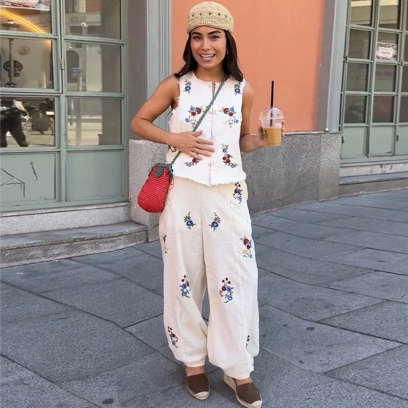 Casual Print Top Pants Women Set Elegant O-Neck Sleeveless Button Vest