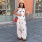 Casual Print Top Pants Women Set Elegant O-Neck Sleeveless Button Vest