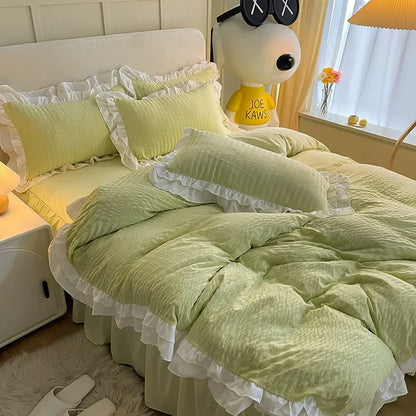DecorBites™ Lace Trim Washed Cotton Bedding Set - 4Pcs Solid Color Duvet Cover & Bed Skirt