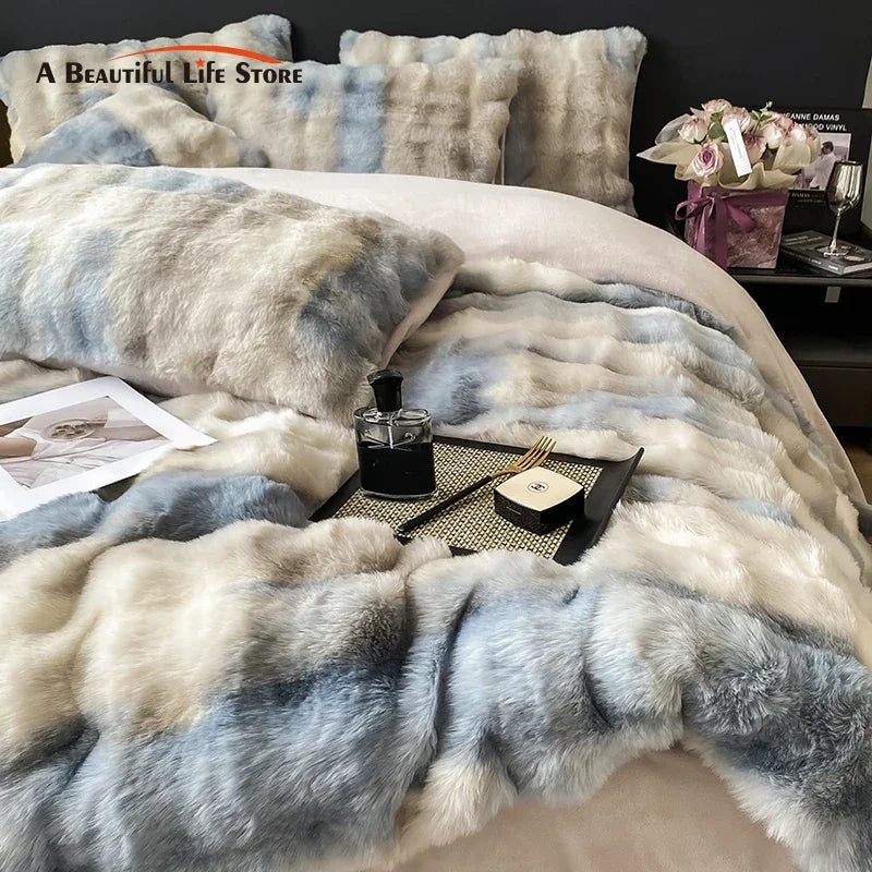 DecorBites™ Gradient Faux Rabbit Fur Bedding Set - Warm Luxury Plush Duvet Cover & Quilt Sets
