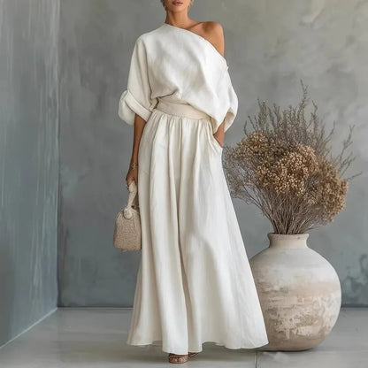 Elegant Two-Piece Short Sleeve Top & Casual Pants Set Woman Sexy Slash