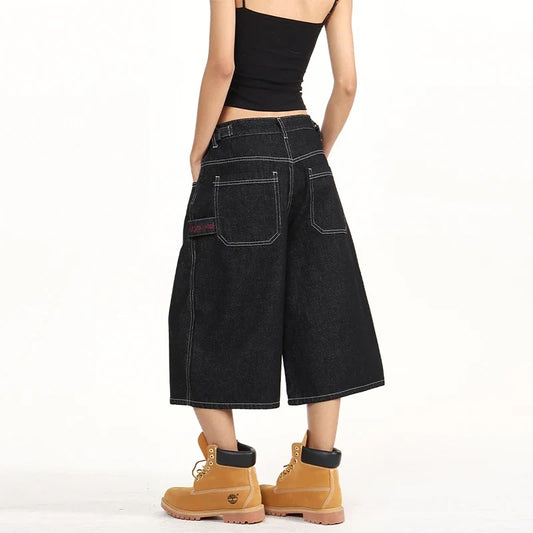 American Retro Baggy Wide Leg 3/4 Length Jean Women Y2K Vintage Spring