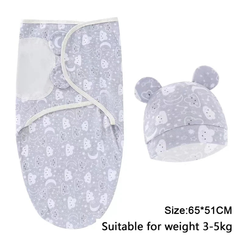Baby Blanket Hat Set Cartoon Printed Cotton Newborn Swaddle Adjustable