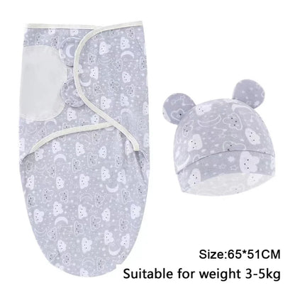 Baby Blanket Hat Set Cartoon Printed Cotton Newborn Swaddle Adjustable