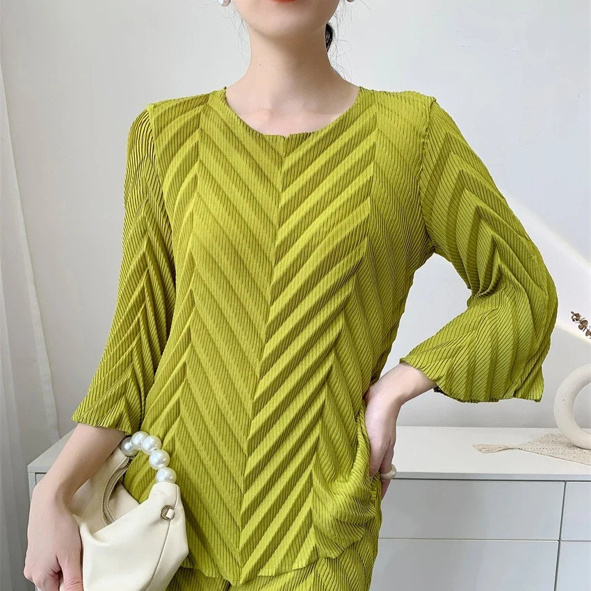 Spring New Women Handmade Pleated Pants Set Comfortable Casual Seven