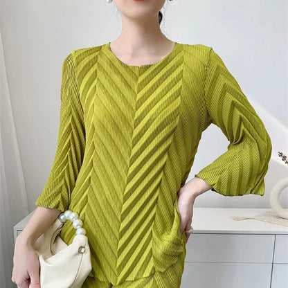 Spring New Women Handmade Pleated Pants Set Comfortable Casual Seven