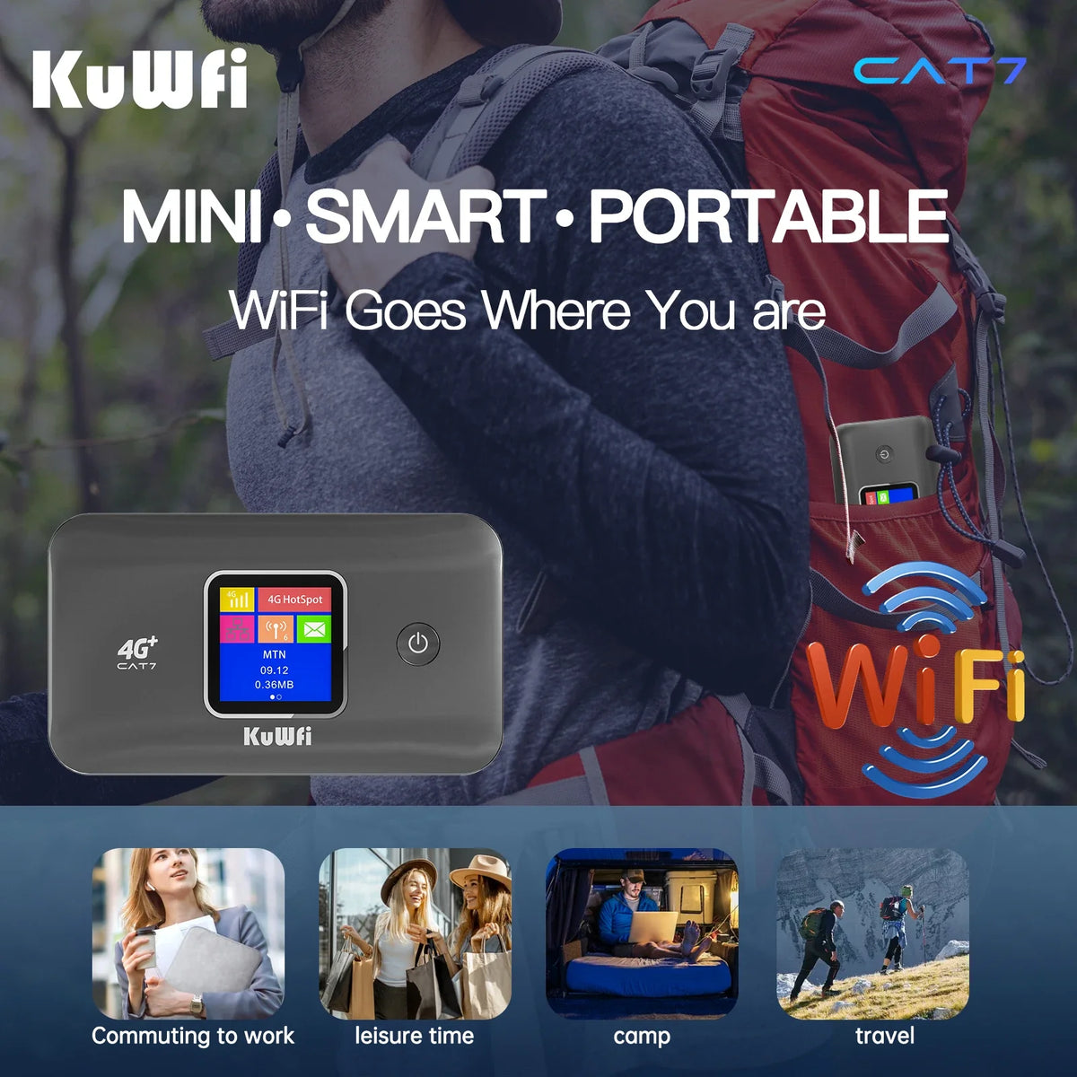 KuWfi MF801 Portable WiFi for Travel | High-Speed Internet|Long-Lasting 3000mAh Battery, Compact & Secure Mifi Router for Use