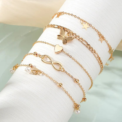 Bohemia Butterfly Anklet Set for Women Star Heart Pearl Charm Ankle