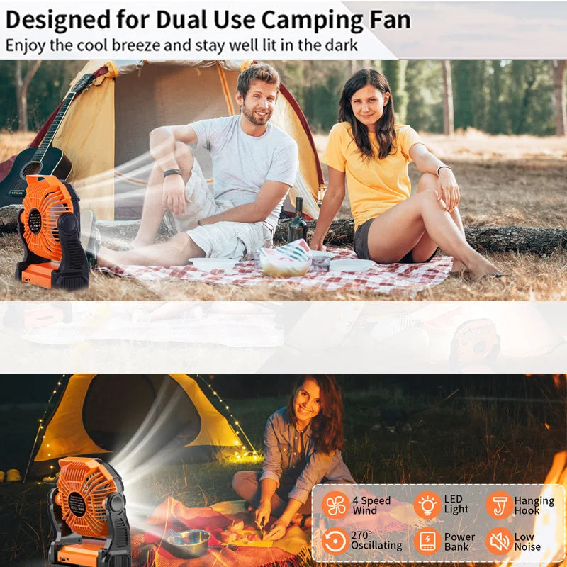 Camping Fan with LED Light, Rechargeable Tent Fan, Portable USB Fan