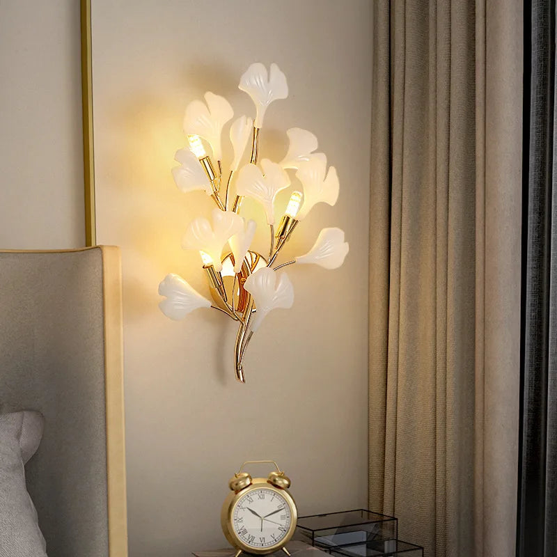 DecorBites™ Leaf Ceramic LED Wall Sconce, Romantic Bedroom Lamp, Gold Metal Art Decor