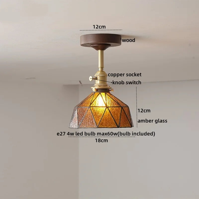 DecorBites™ Green Glass LED Ceiling Lights: Modern Copper Wood Indoor Lamp