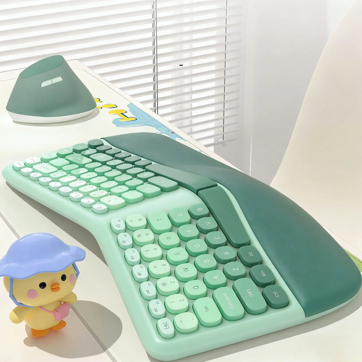 MOFii 1 Set Ergonomic Wireless Keyboard and Mouse Combo, Green Split Design Office Keyboard, 2.4G Wireless Connection, US QWERTY