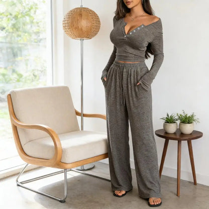 Button Up Crop Top & Wide Leg Pants Set, Women's Long Sleeve Matching