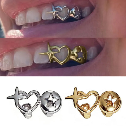 For Women Men Vintage Silver Color Double Love Star Tooth Grills Couple Punk Hip Hop Hollow Heart Teeth Caps Jewelry Accessories