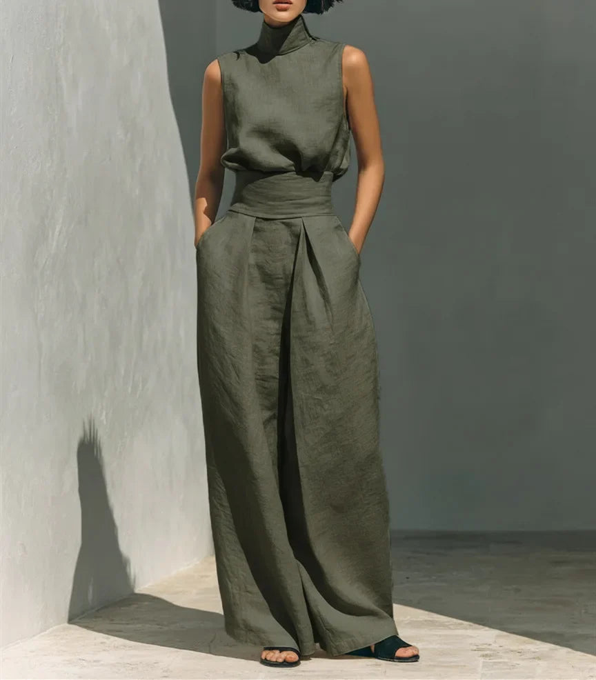 Women 2 Piece Outfit, Sleeveless High Neck Blouse & High Waist Wide