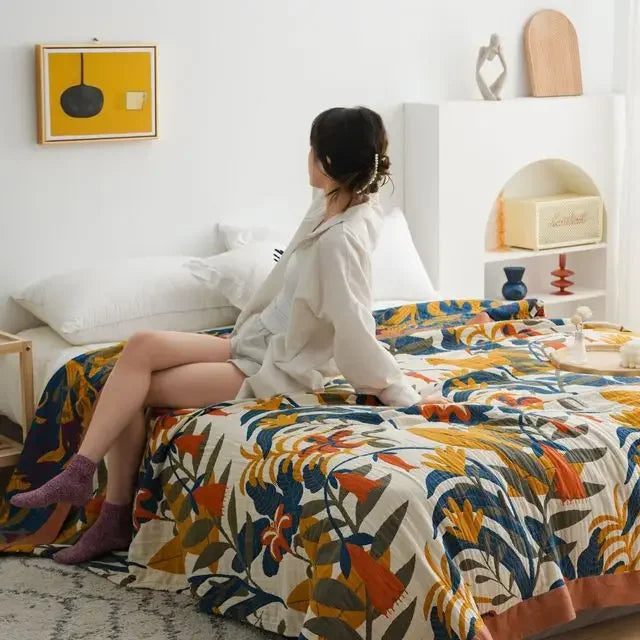DecorBites™ Japanese Cotton Gauze Flower Blanket: Soft and Breathable Summer Throw