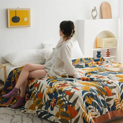 DecorBites™ Japanese Cotton Gauze Flower Blanket: Soft and Breathable Summer Throw